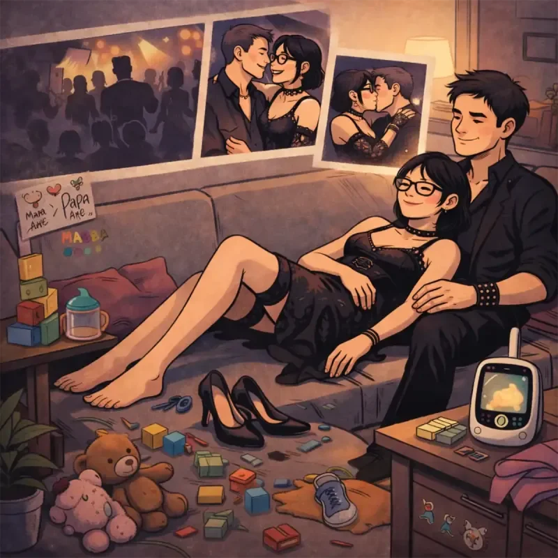 Illustration eines Paares auf dem Sofa mit Spielzeug, Kinderzimmerdetails und BDSM-Accessoires im Hintergrund