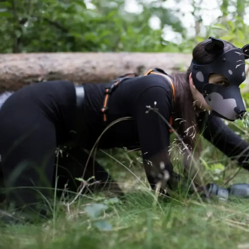 Person in schwarzem Petplay-Outfit mit Hundemaske kriecht im Gras vor einem Baumstamm