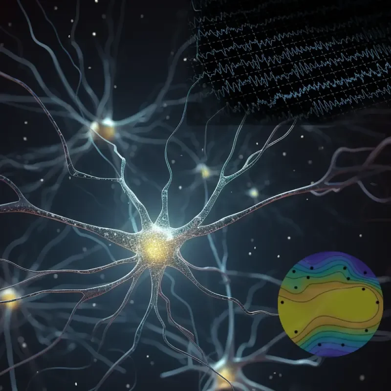 Leuchtende Nervenzellen vor dunklem Hintergrund mit EEG-Linien und farbiger Hirnkarte