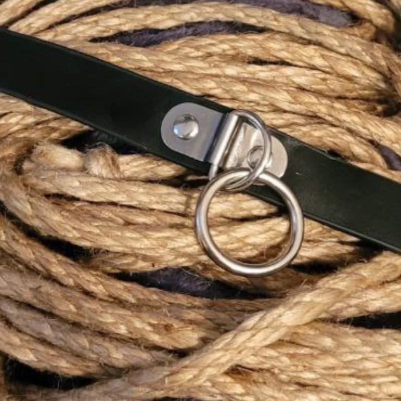 Schwarzes Lederband mit Metallring auf grobem Seilgeflecht.