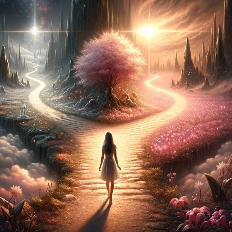 Frau steht vor einer Weggabelung zwischen hellem und dunklem Pfad in einer surrealen Landschaft.