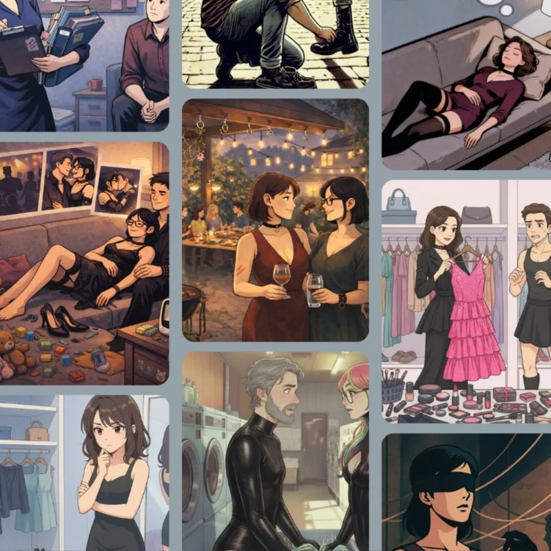 Collage aus mehreren Szenen mit Paaren, Gesprächen und Alltagssituationen in warmem, illustrativem Stil