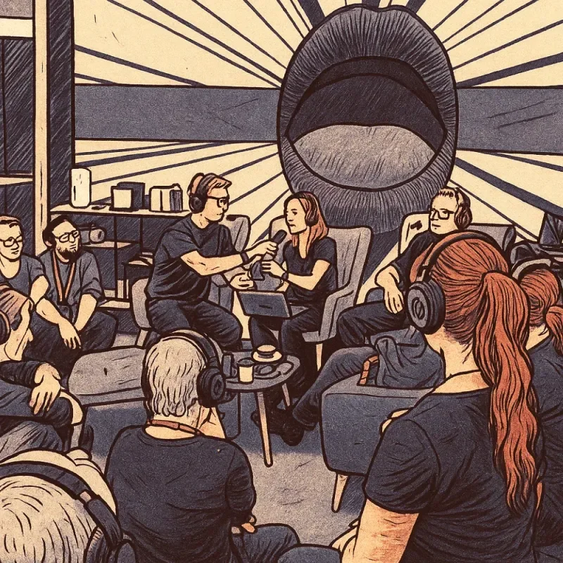 Podcast-Liveaufnahme mit mehreren Personen in einem Raum, Mikrofon und großem Lautsprecher im Hintergrund