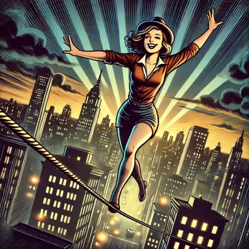 Frau balanciert lächelnd auf einem Seil über einer nächtlichen Skyline.