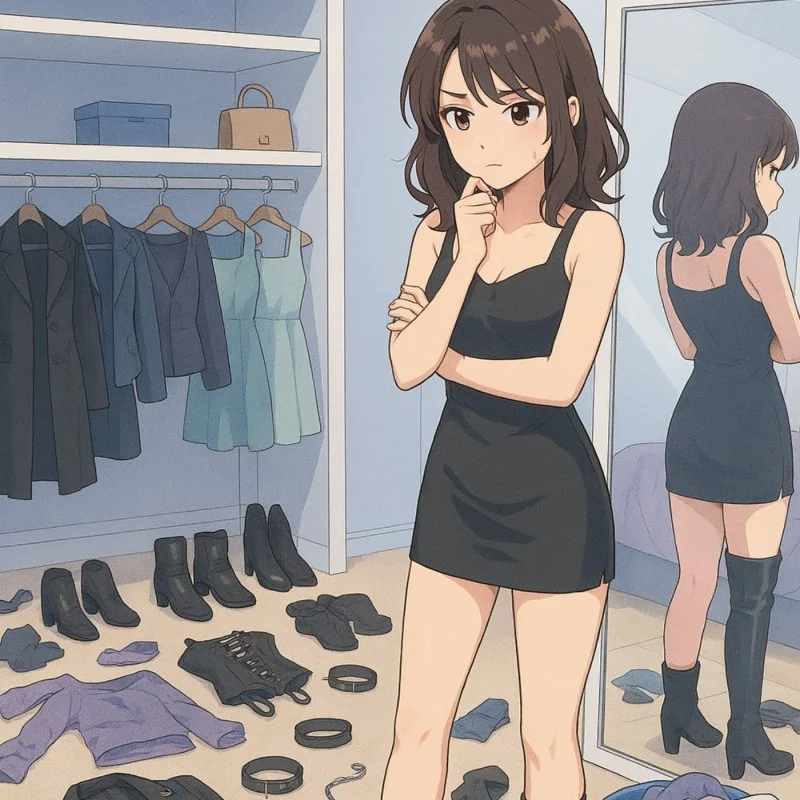 Anime-Frau vor dem Spiegel in schwarzem Partyoutfit, umgeben von Kleidung, Schuhen und Accessoires im Ankleidezimmer