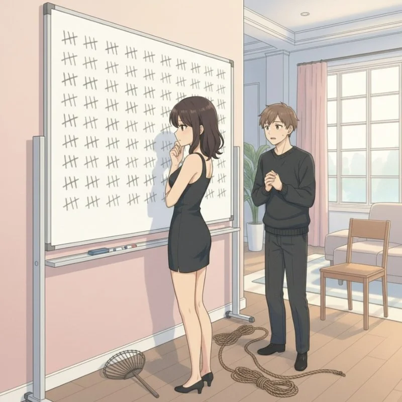 Illustration eines Mannes und einer Frau vor einer Tafel mit Strichmarkierungen und Seilen in einem hellen Raum