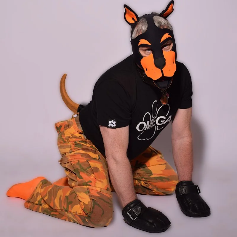 Person in Hundemaske und orangefarbener Tarnhose kniet auf dem Boden.