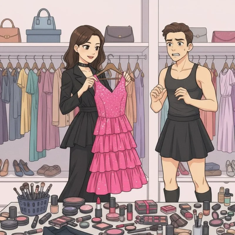 Illustration einer Frau mit pinkem Kleid und eines verunsicherten Mannes in einem begehbaren Kleiderschrank mit Kosmetikartikeln.