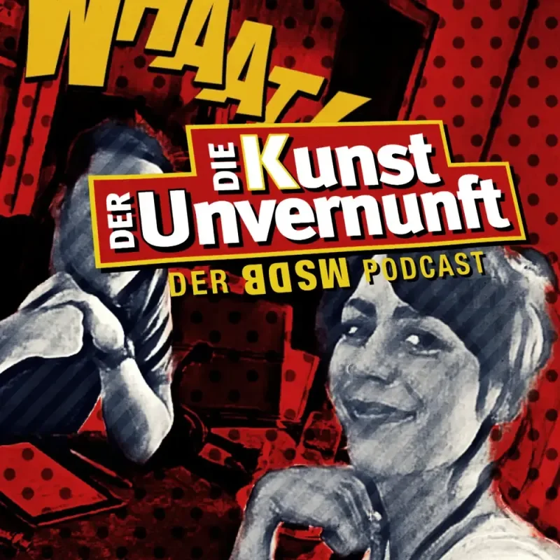Comicartiges Podcast-Cover mit zwei Personen, rotem Hintergrund und Schriftzug Die Kunst der Unvernunft