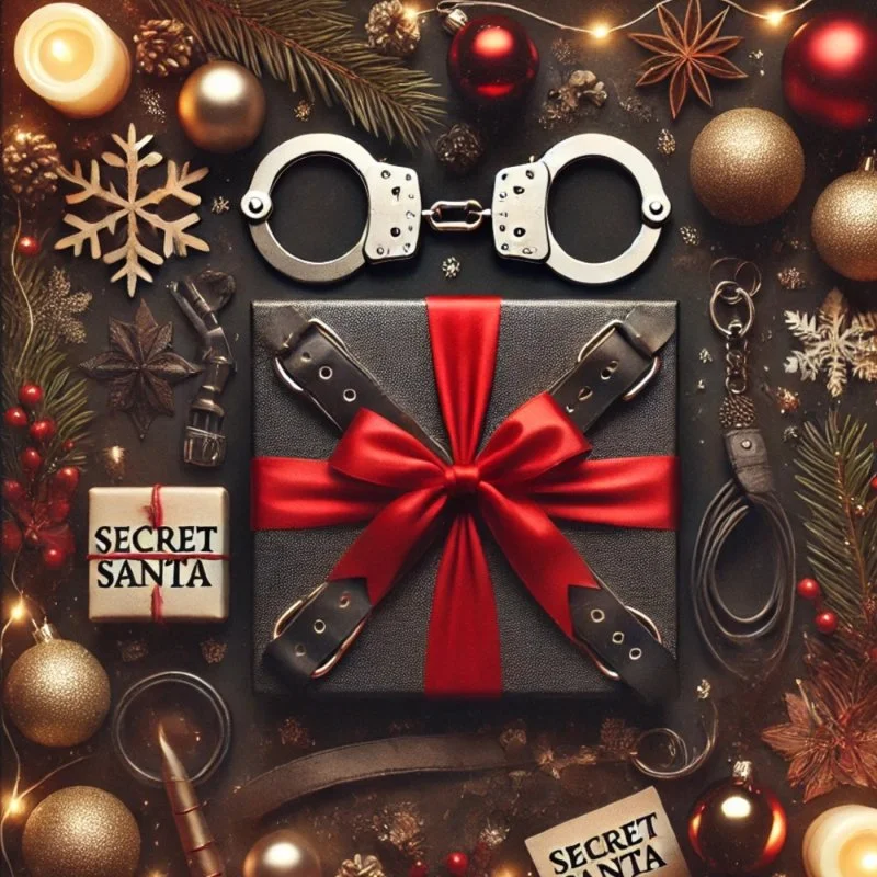 Weihnachtlich dekorierte Geschenkbox mit roter Schleife, Handschellen, Secret-Santa-Kärtchen und Deko-Kugeln