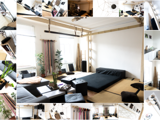 Collage eines hellen Wohnraums mit Tatami-Matten, Sofa, Pflanzen, niedrigen Tischen und Projektionsfläche.